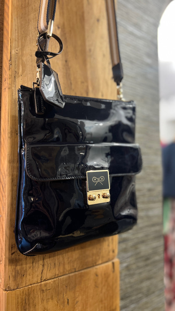 Anya Hindmarch navy patent across the body handbag