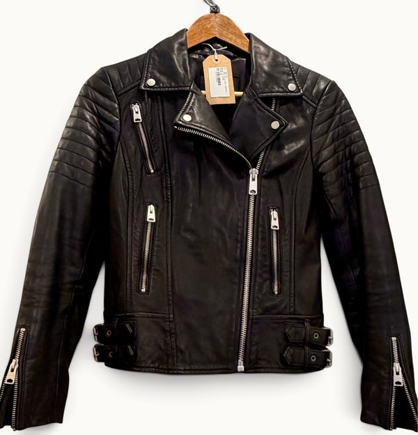 All saints black leather jacket size 6