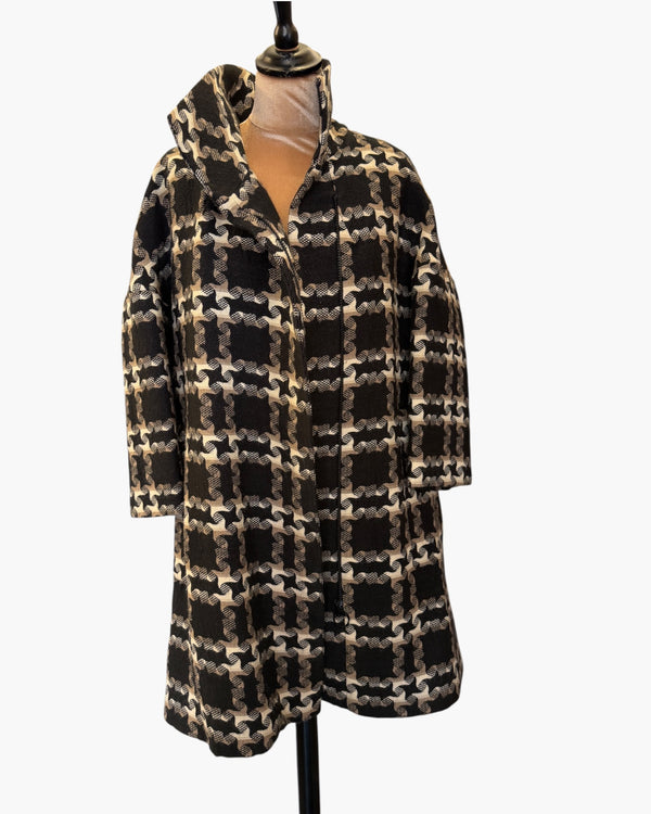 Nicole farhi coat check funnel neck, black & cream size M/L