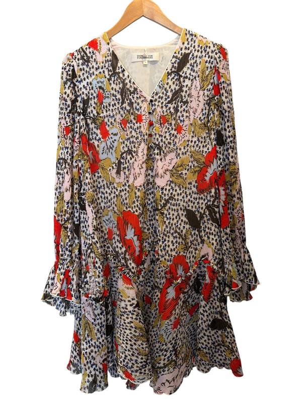 DVF Animal Print & Red Crinkle Dress | Size Small