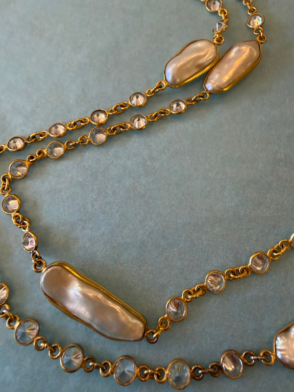 Gold Plated Long Pearl & Crystal Necklace