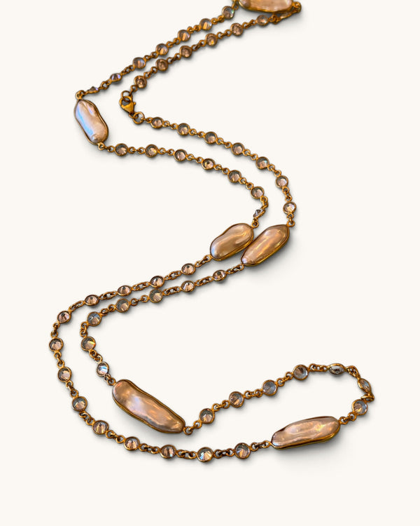 Gold Plated Long Pearl & Crystal Necklace