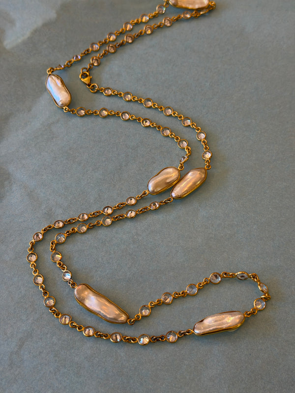 Gold Plated Long Pearl & Crystal Necklace