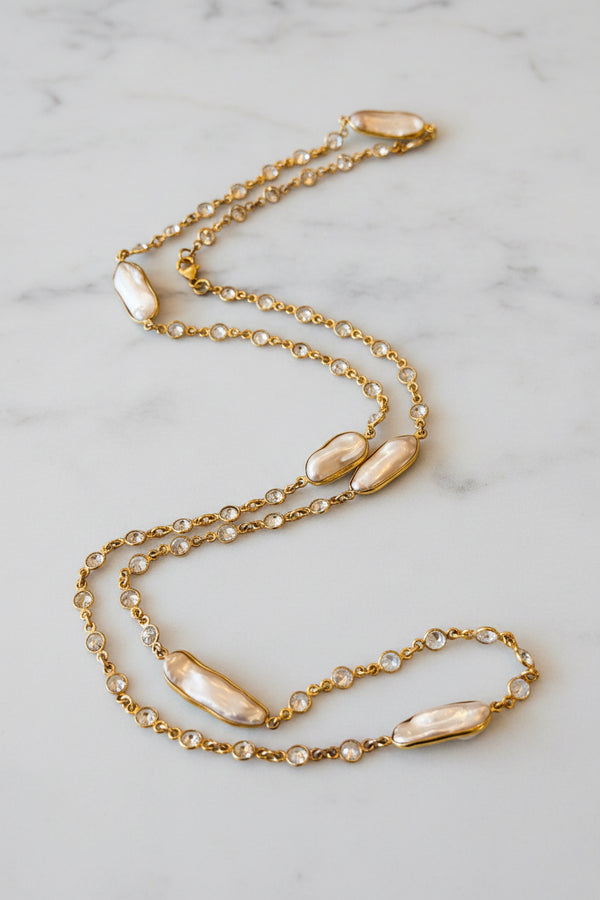 Gold Plated Long Pearl & Crystal Necklace