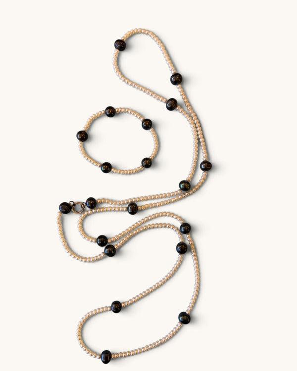 Double row bouton shaped pearl/grey pearl necklace & Bracelet