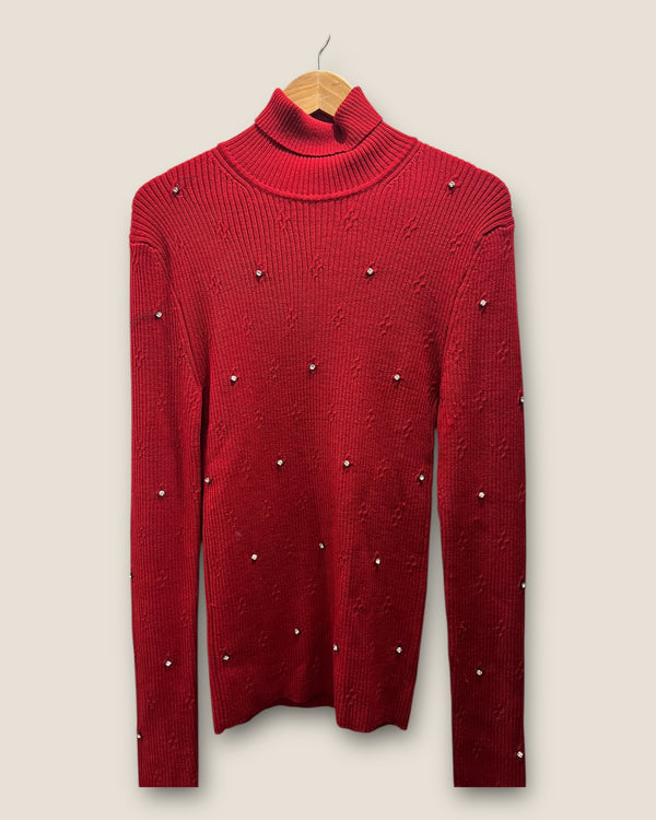 Christopher Kane Red diamanté detail polo neck knit size Small