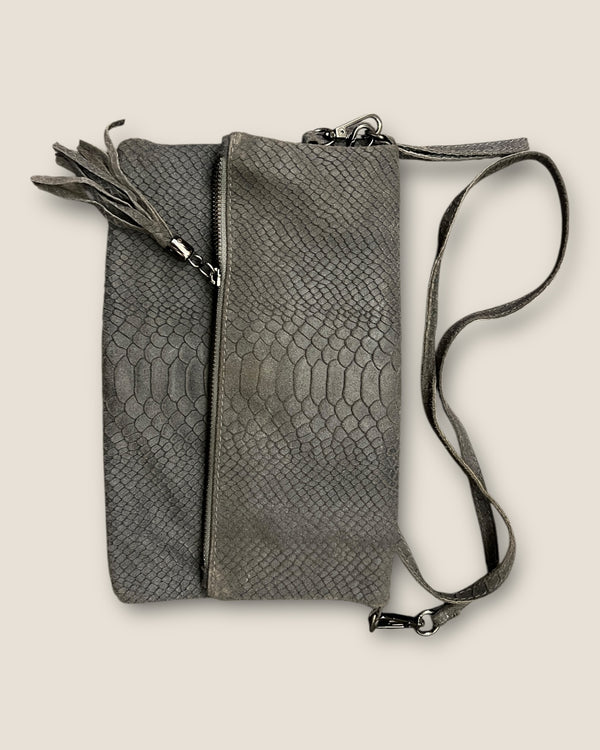 Grey leather fold across the body handbag