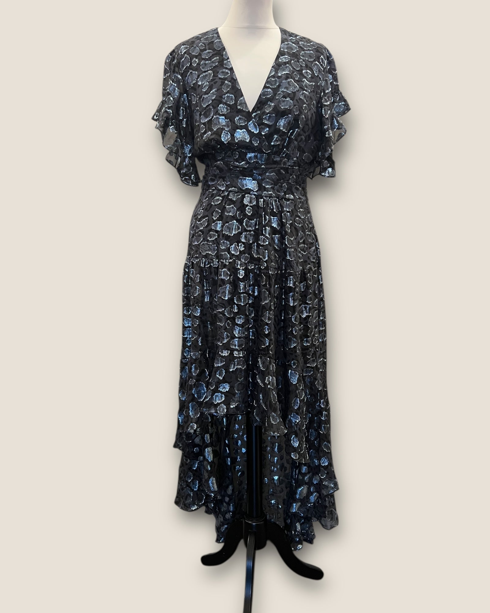 BA+SH silk silver foil ruffle dress size 1 Mint of Hertford BA+SH silk silver foil ruffle dress size 1 Mint of Hertford