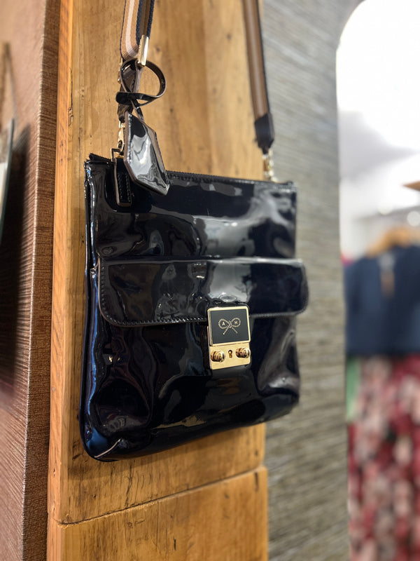 Anya Hindmarch navy patent across the body handbag