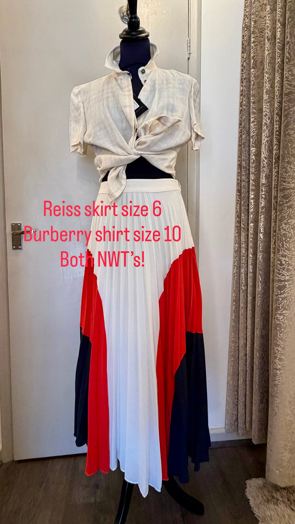 Reiss cream/red/navy pleated skirt new with tags size 8