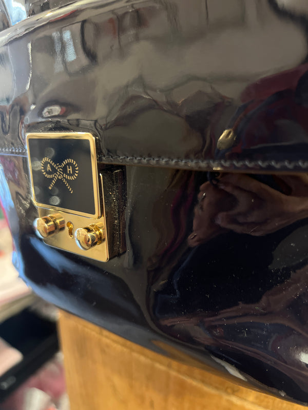 Anya Hindmarch navy patent across the body handbag