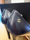 Chanel black leather & patent toe-cap 90mm pump size 38.5