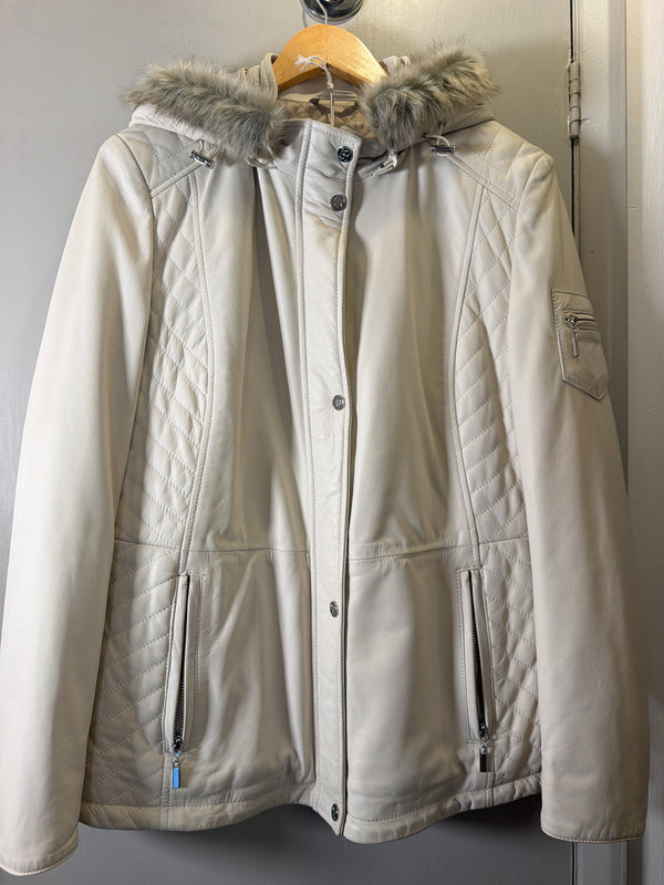 Lakeland Cream Leather Jacket with Detachable Hood – Size 14