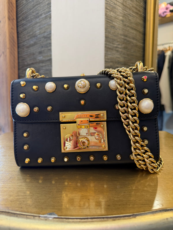 Gucci small pearl studded padlock leather shoulder handbag