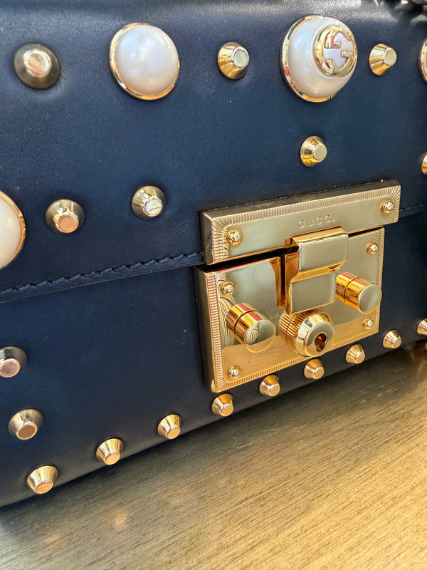 Gucci small pearl studded padlock leather shoulder handbag