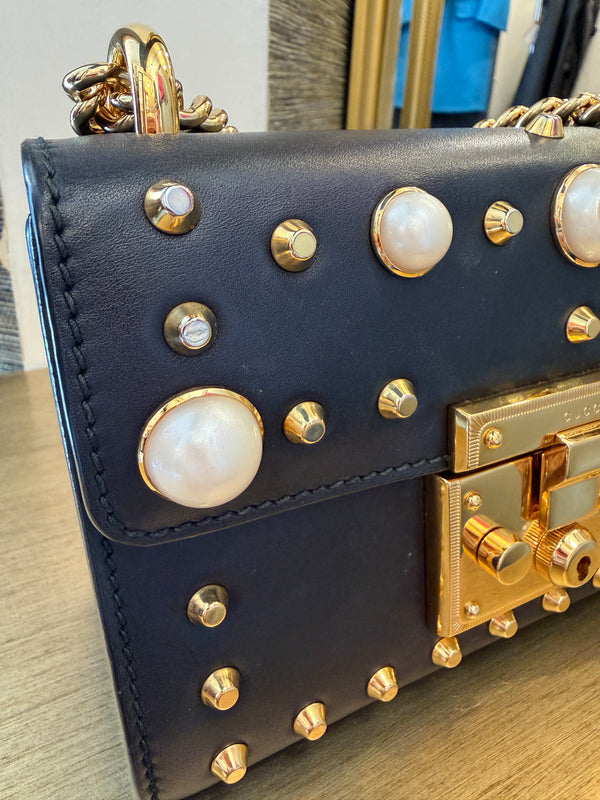 Gucci small pearl studded padlock leather shoulder handbag