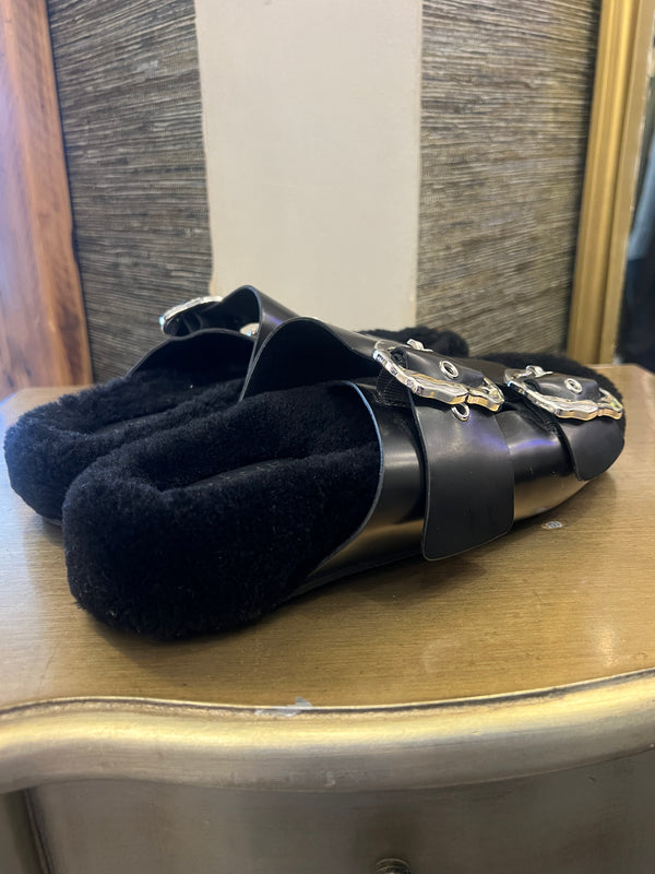 Jigsaw black shearling lined leather sandals size 40