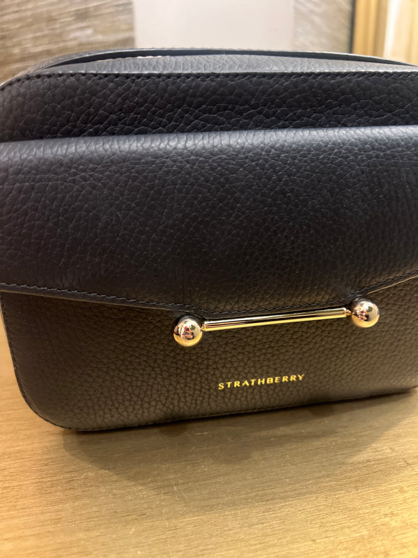 Strathberry black leather mini camera handbag