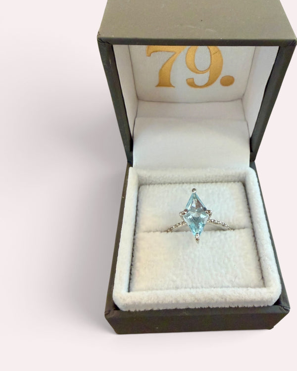 Chapter 79 Blue topaz kite shape and diamond 9ct white gold ring