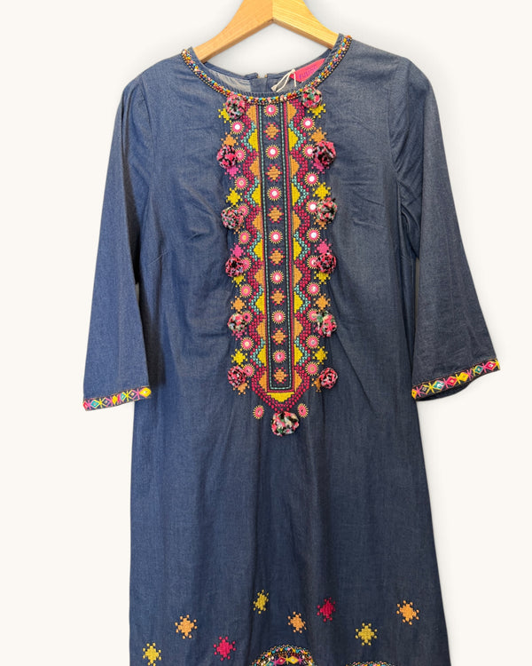 Monsoon fusion neon & Pom Pom denim dress size 8