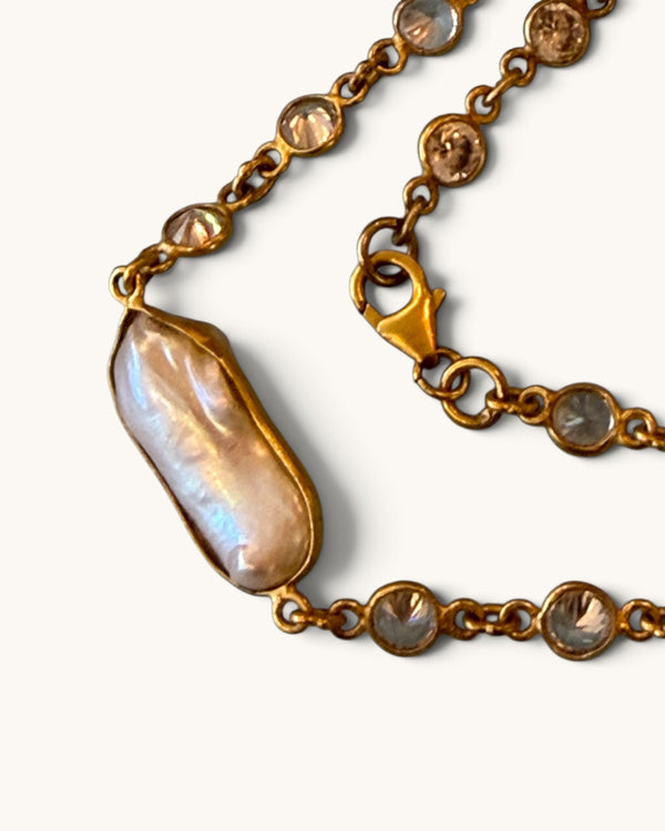 Gold Plated Long Pearl & Crystal Necklace