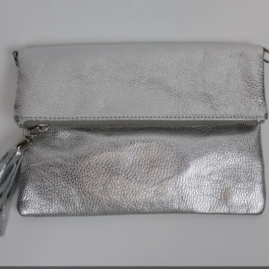 Metallic leather flap over handbag