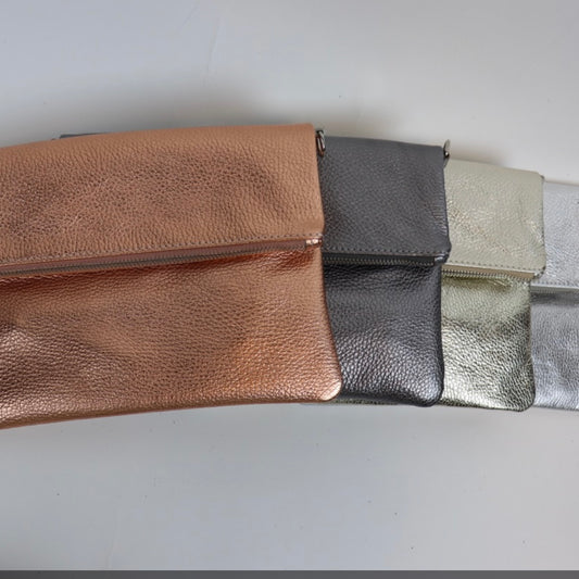 Metallic leather flap over handbag